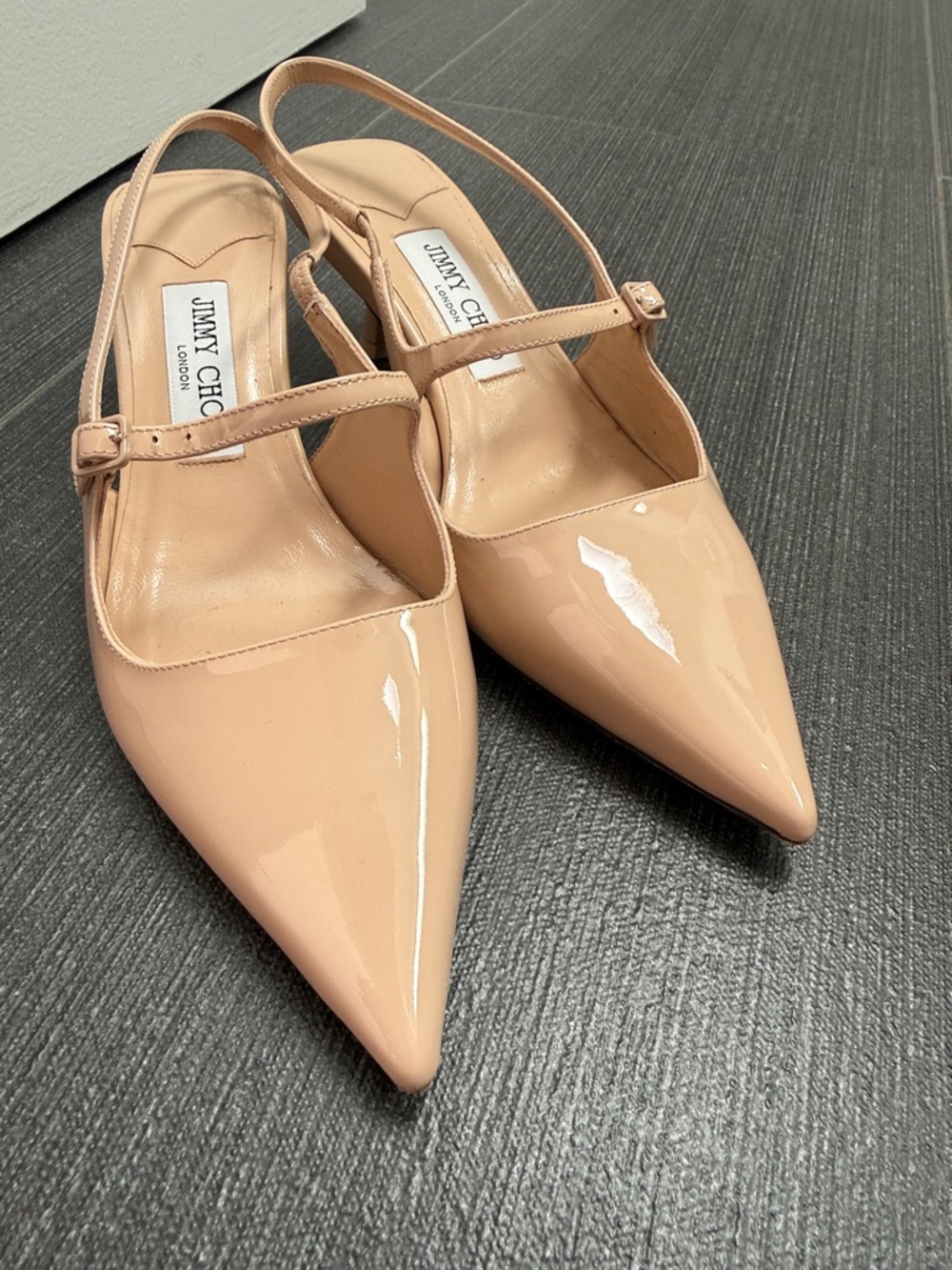 Jimmy Choo Patent Pointed-Toe Slingback Heels in Nude Pink